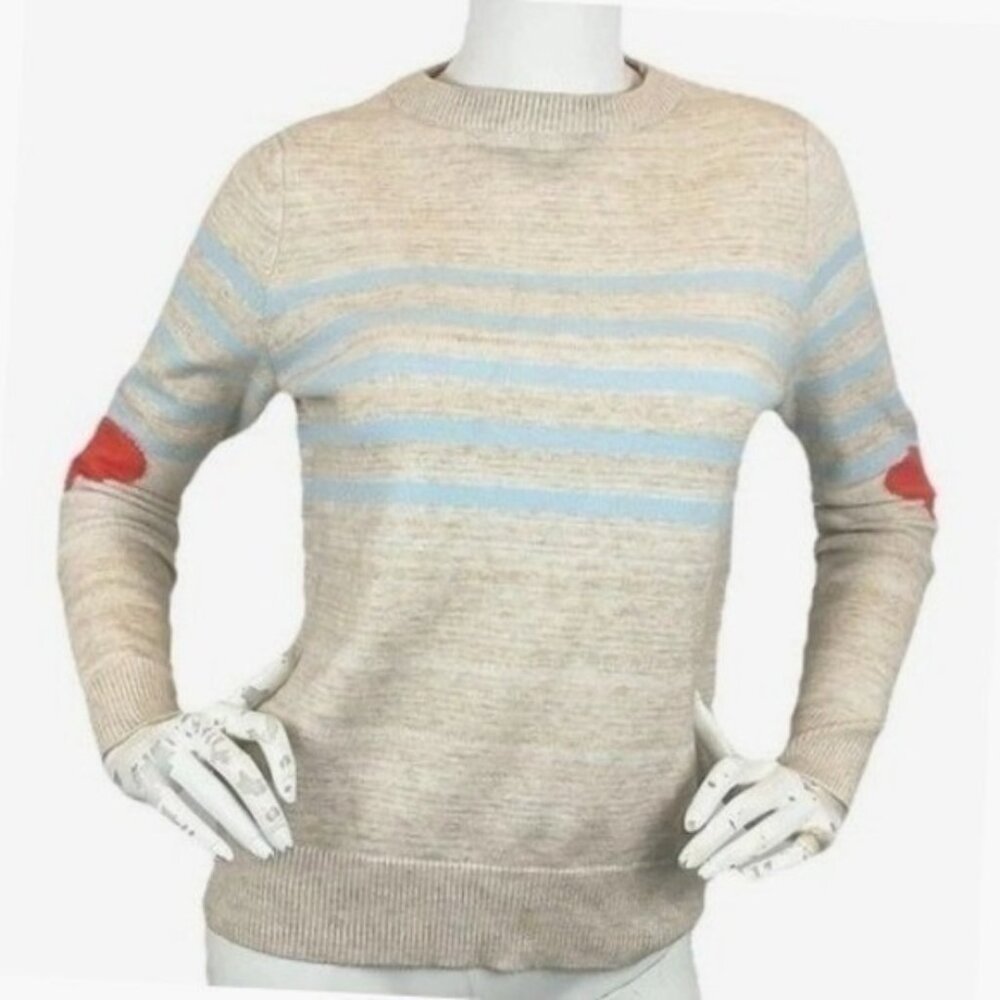 THML Beige Blue Stripe Heart Elbow Sweater Women's Size S Cozy Knit Love